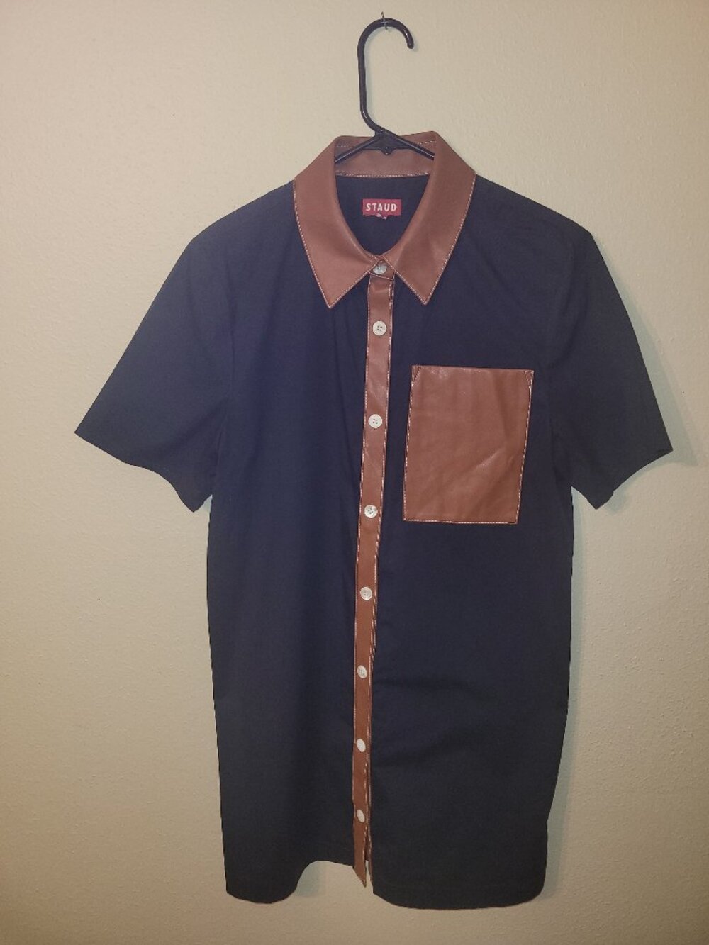 STAUD Navy Blue Switch Mini Dress with Brown Faux Leather Collar and Placket